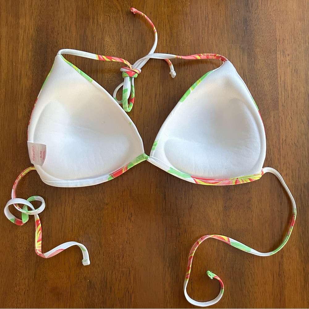 Tropical Floral Bikini Top Women XL Beaded Hibiscus Triangle Swim Pink Green - Picture 8 of 9